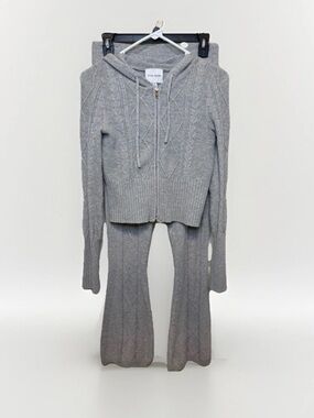Pink Rose Light Gray Cable Knit Zip Hoodie